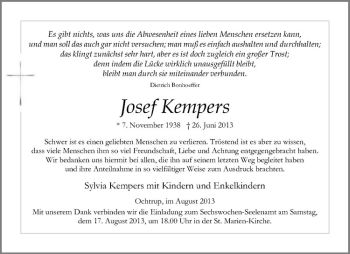 Todesanzeige von Josef Kempers von Westfälische Nachrichten
