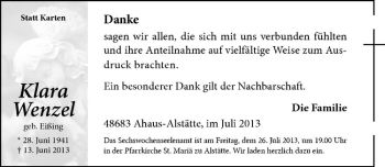 Todesanzeige von Klara Wenzel von Westfälische Nachrichten