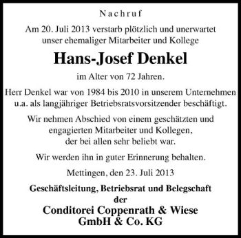 Todesanzeige von Hans-Josef Denkel von Westfälische Nachrichten