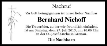 Todesanzeige von Bernard Niehoff von Westfälische Nachrichten