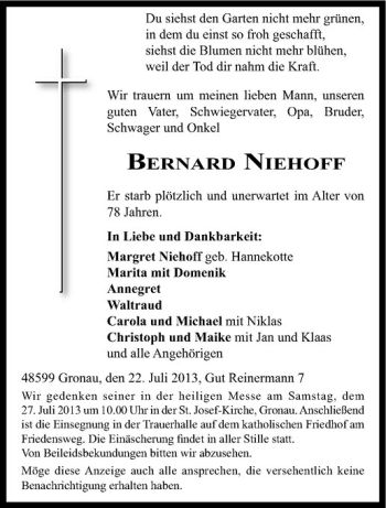 Todesanzeige von Bernard Niehoff von Westfälische Nachrichten