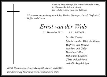 Todesanzeige von Ernst van der Wals van der Wals von Westfälische Nachrichten