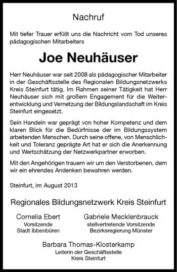 Todesanzeige von Joe Neuhäuser von Westfälische Nachrichten