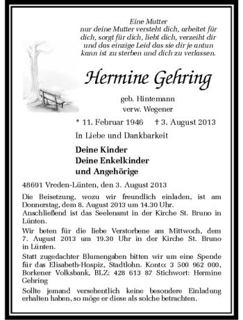 Todesanzeige von Hermine Gehring von Westfälische Nachrichten