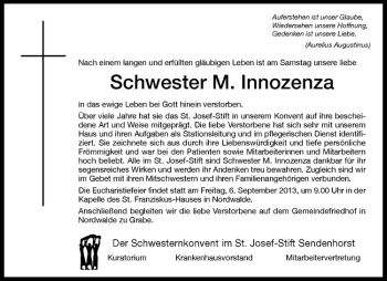 Todesanzeige von Schwester Innozenza von Westfälische Nachrichten
