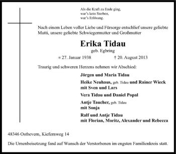Todesanzeige von Erika Tidau von Westfälische Nachrichten