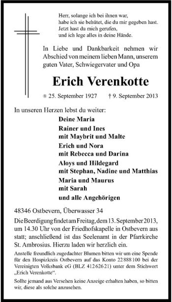 Todesanzeige von Erich Verenkotte von Westfälische Nachrichten