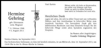 Todesanzeige von Hermine Gehring von Westfälische Nachrichten