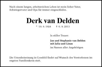 Todesanzeige von Derk van Delden von Westfälische Nachrichten