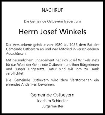 Todesanzeige von Josef Winkels von Westfälische Nachrichten