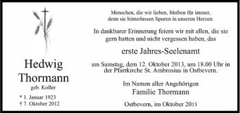 Todesanzeige von Hedwig Thormann von Westfälische Nachrichten