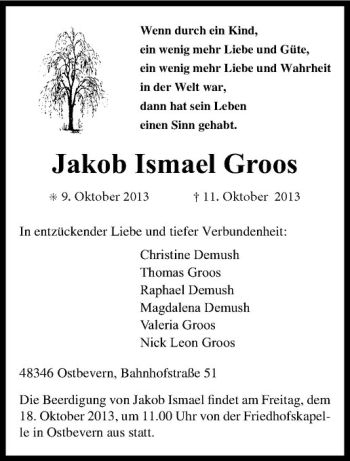 Todesanzeige von Jakob Ismael Groos von Westfälische Nachrichten