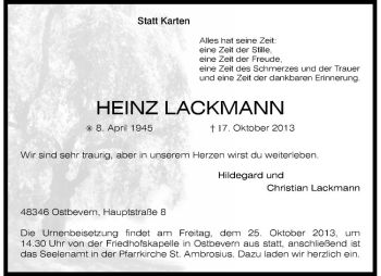 Todesanzeige von Heinz Lackmann von Westfälische Nachrichten