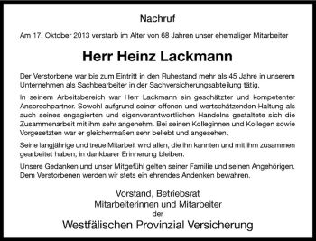 Todesanzeige von Heinz Lackmann von Westfälische Nachrichten