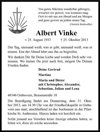 Todesanzeige von Albert Vinke von Westfälische Nachrichten