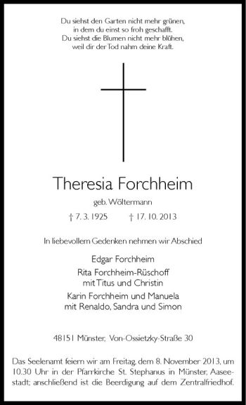 Todesanzeige von Theresia Forchheim von Westfälische Nachrichten