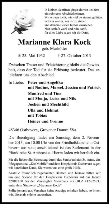Todesanzeige von Marianne Klara Kock von Westfälische Nachrichten