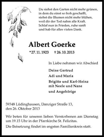 Todesanzeige von Albert Goerke von Westfälische Nachrichten