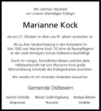 Todesanzeige von Marianne Klara Kock von Westfälische Nachrichten