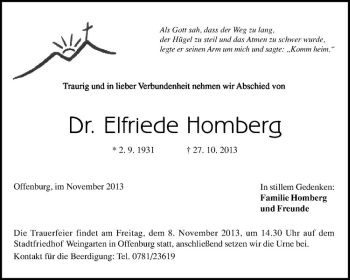 Todesanzeige von Elfriede Homberg von Westfälische Nachrichten