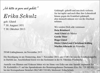 Todesanzeige von Erika Schulz von Westfälische Nachrichten