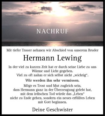 Todesanzeige von Hermann Lewing von Westfälische Nachrichten
