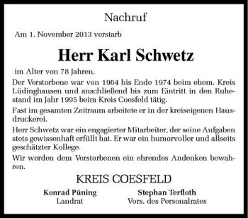 Todesanzeige von Karl Schwetz von Westfälische Nachrichten