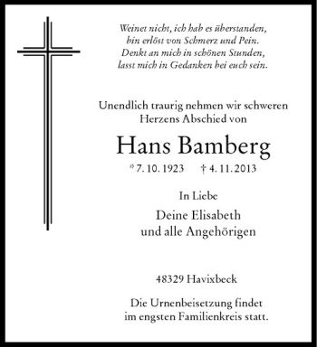 Todesanzeige von Hans Bamberg von Westfälische Nachrichten