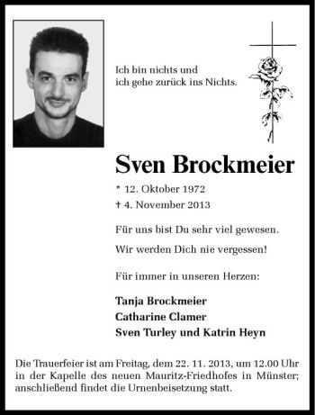 Todesanzeige von Sven Brockmeier von Westfälische Nachrichten