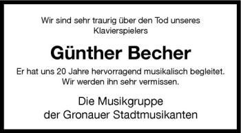 Todesanzeige von Günther Becher von Westfälische Nachrichten