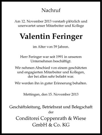 Todesanzeige von Valentin Feringer von Westfälische Nachrichten