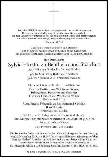 Todesanzeige von Sylvia Fürstin zu Bentheim und Steinfurt von Westfälische Nachrichten