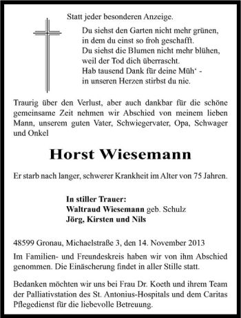 Todesanzeige von Horst Wiesemann von Westfälische Nachrichten