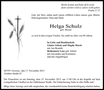 Todesanzeige von Helga Schulz von Westfälische Nachrichten