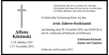 Todesanzeige von Alfons Kitzinski von Westfälische Nachrichten