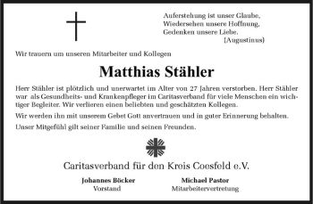 Todesanzeige von Matthias Stähler von Westfälische Nachrichten