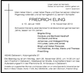 Todesanzeige von Friedrich Eling von Westfälische Nachrichten