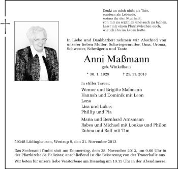 Todesanzeige von Anni Maßmann von Westfälische Nachrichten
