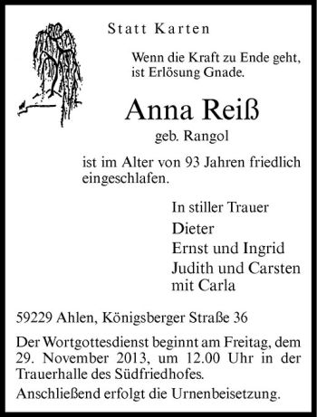 Todesanzeige von Anna Reiß von Westfälische Nachrichten