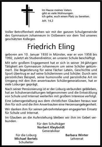 Todesanzeige von Friedrich Eling von Westfälische Nachrichten