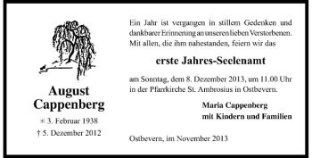 Todesanzeige von August Cappenberg von Westfälische Nachrichten