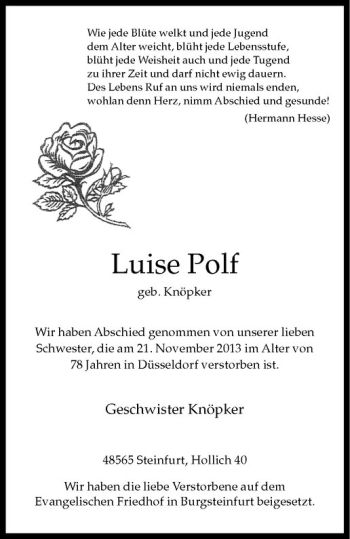 Todesanzeige von Luise Polf von Westfälische Nachrichten