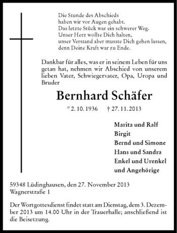 Todesanzeige von Bernhard Schäfer von Westfälische Nachrichten