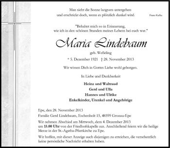 Todesanzeige von Maria Lindebaum von Westfälische Nachrichten