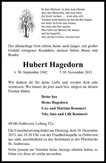 Todesanzeige von Hubert Hagedorn von Westfälische Nachrichten