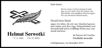 Todesanzeige von Helmut Serwotki von Westfälische Nachrichten