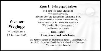Todesanzeige von Werner Weglage von Westfälische Nachrichten
