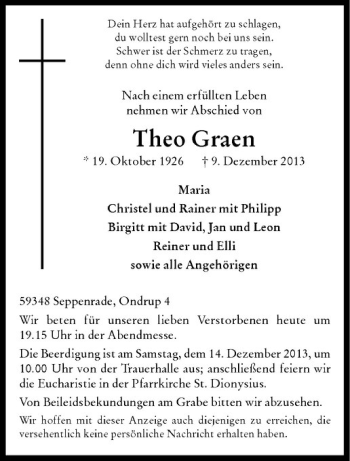 Todesanzeige von Theo Graen von Westfälische Nachrichten