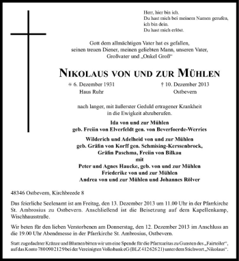 Todesanzeige von Nikolaus von und zur Mühlen von Westfälische Nachrichten