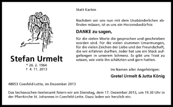 Todesanzeige von Stefan Urmelt von Westfälische Nachrichten